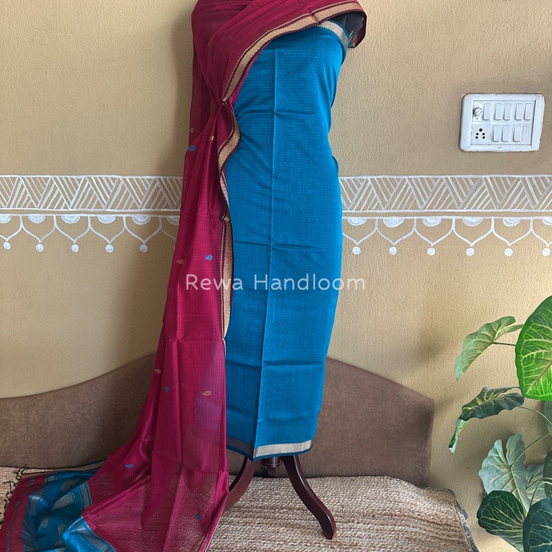 Maheshwari Teal Blue-Magenta Motifs Top-Dupatta Set PST0137