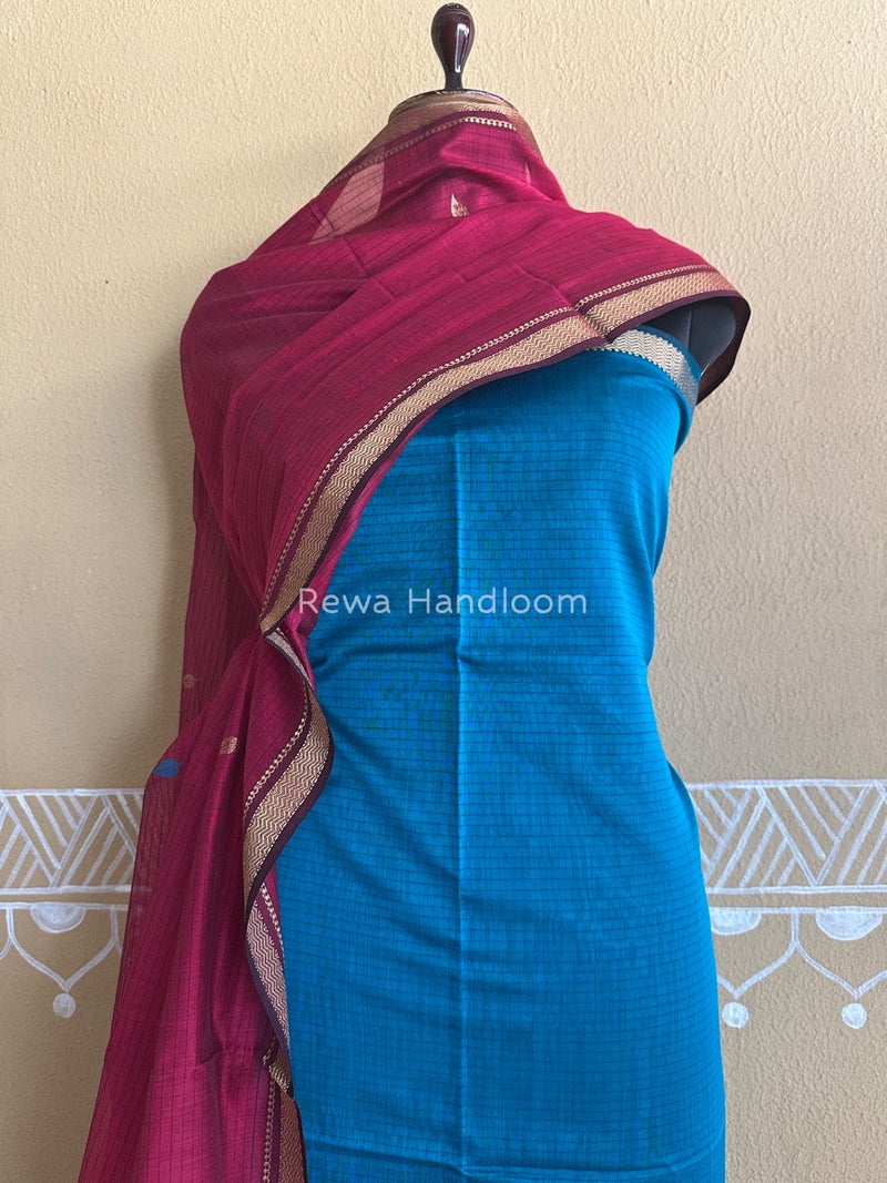 Maheshwari Teal Blue-Magenta Motifs Top-Dupatta Set PST0137