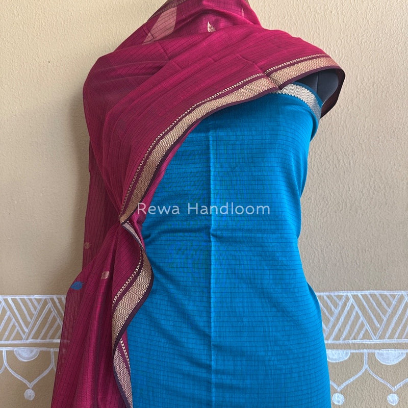 Maheshwari Teal Blue-Magenta Motifs Top-Dupatta Set PST0137