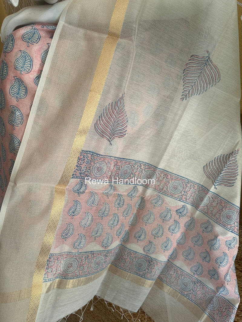 Maheshwari Light Pink Handblock Print Top-Dupatta HBS0227