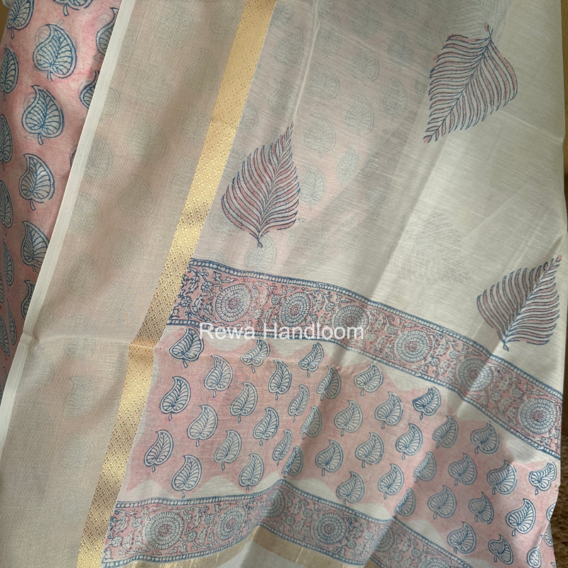 Maheshwari Light Pink Handblock Print Top-Dupatta HBS0227