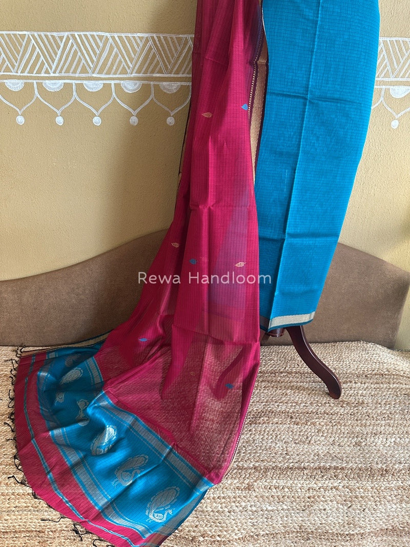 Maheshwari Teal Blue-Magenta Motifs Top-Dupatta Set PST0137