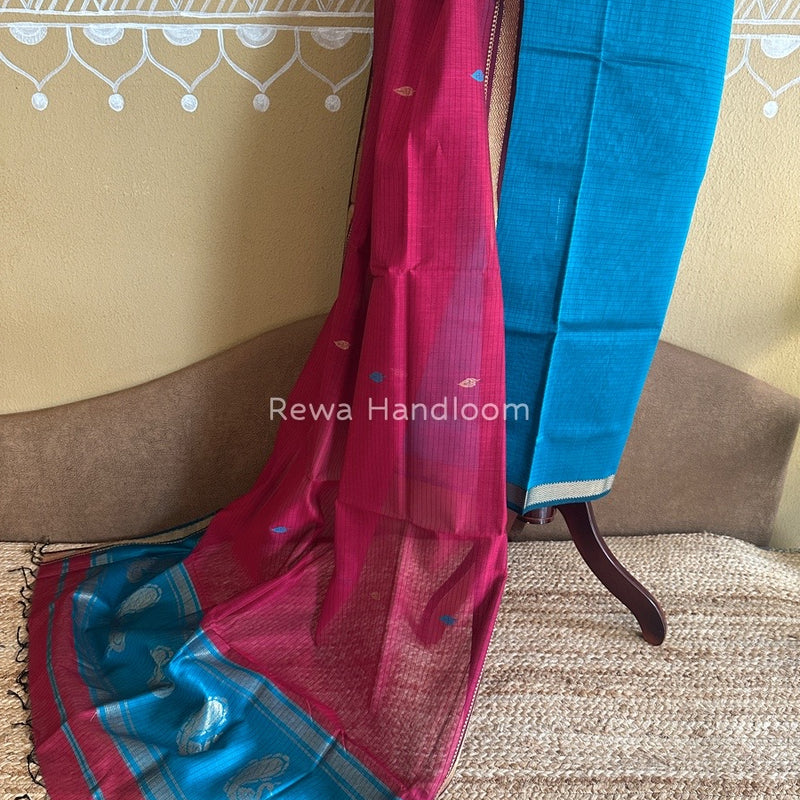 Maheshwari Teal Blue-Magenta Motifs Top-Dupatta Set PST0137
