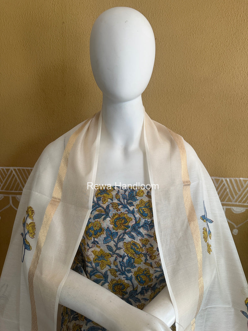 Maheshwari Blue Handblock Print Top-Dupatta HBS0230