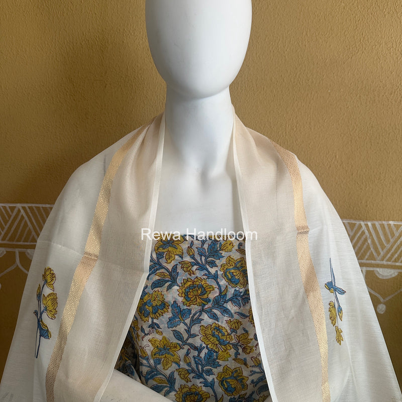 Maheshwari Blue Handblock Print Top-Dupatta HBS0230