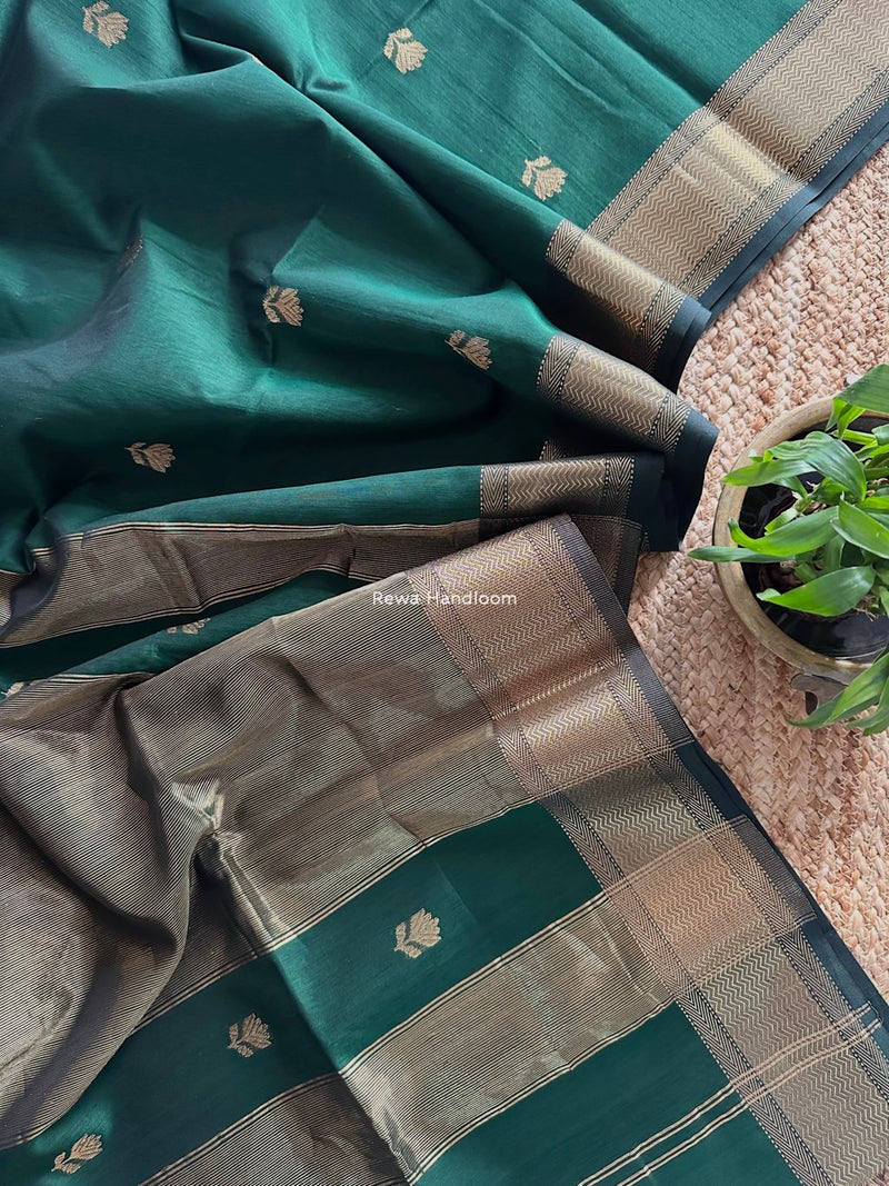 Maheshwari Bottle Green Lotus Butta Saree LLBS024