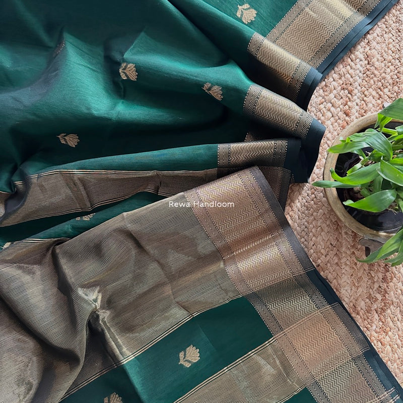 Maheshwari Bottle Green Lotus Butta Saree LLBS024