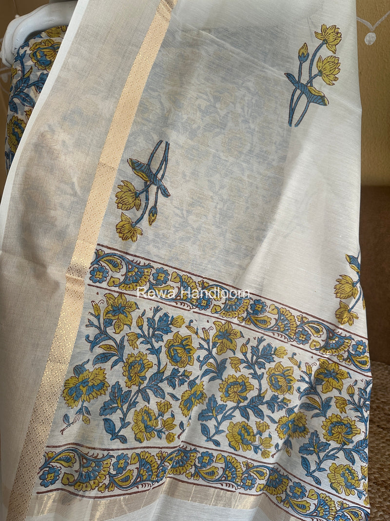 Maheshwari Blue Handblock Print Top-Dupatta HBS0230