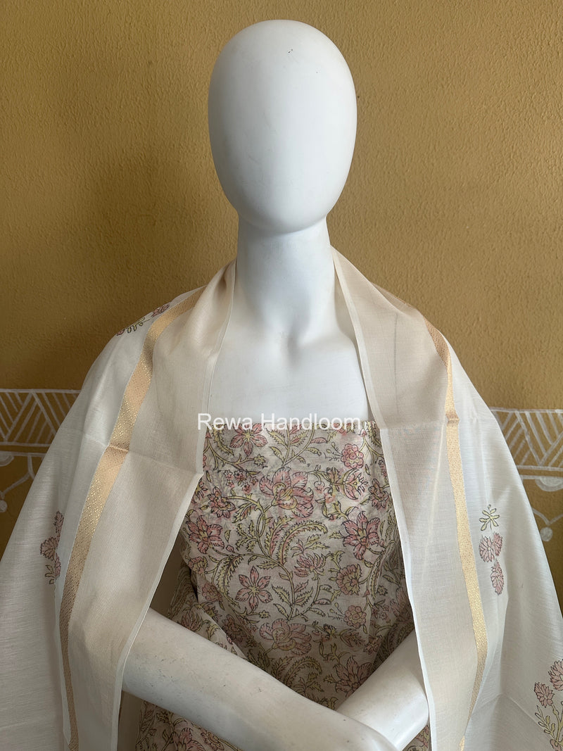 Maheshwari White Handblock Print Top-Dupatta HBS0232