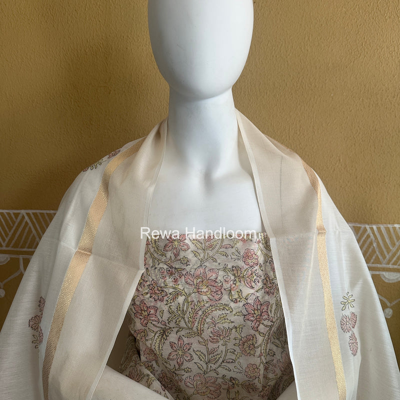 Maheshwari White Handblock Print Top-Dupatta HBS0232