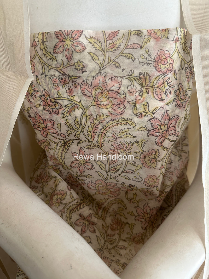 Maheshwari White Handblock Print Top-Dupatta HBS0232