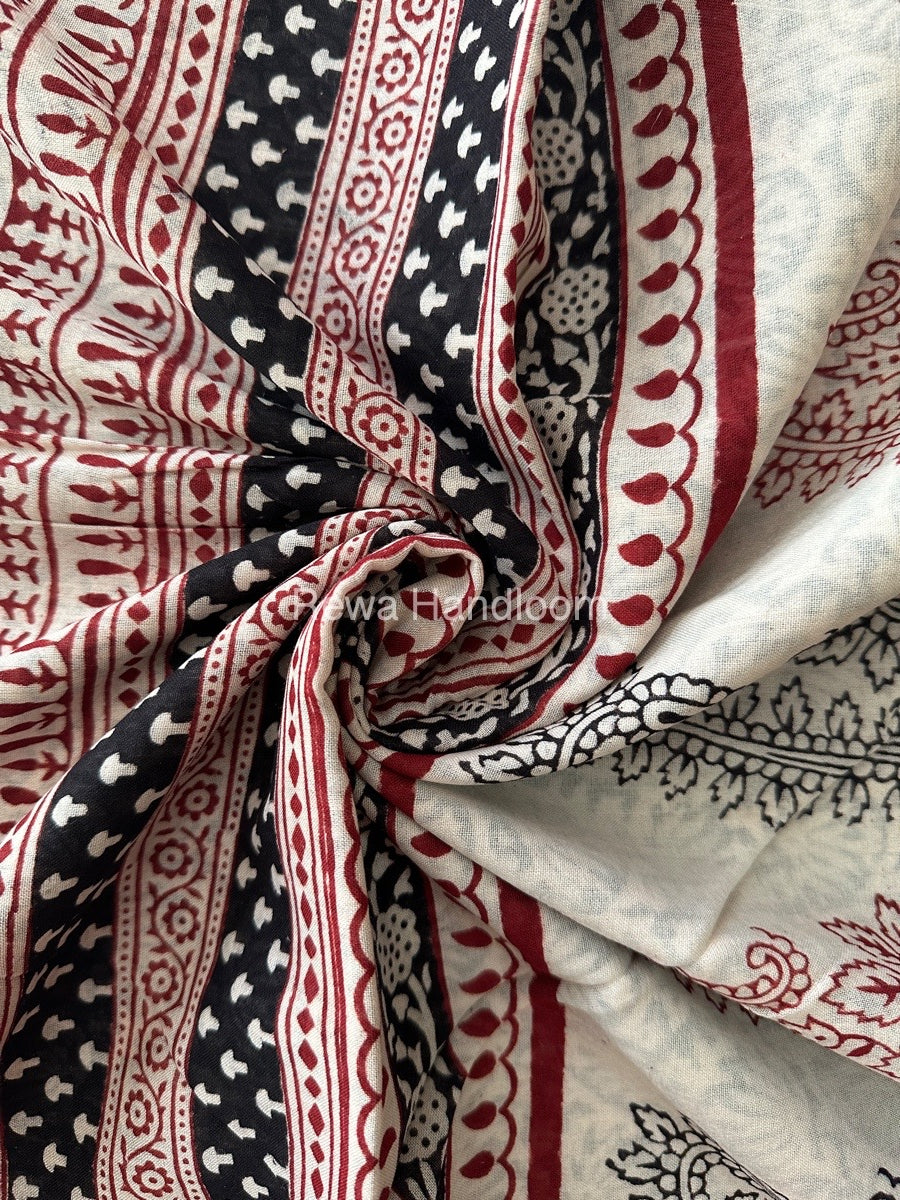 White Bagh Print Mercerised Cotton Saree MBP07