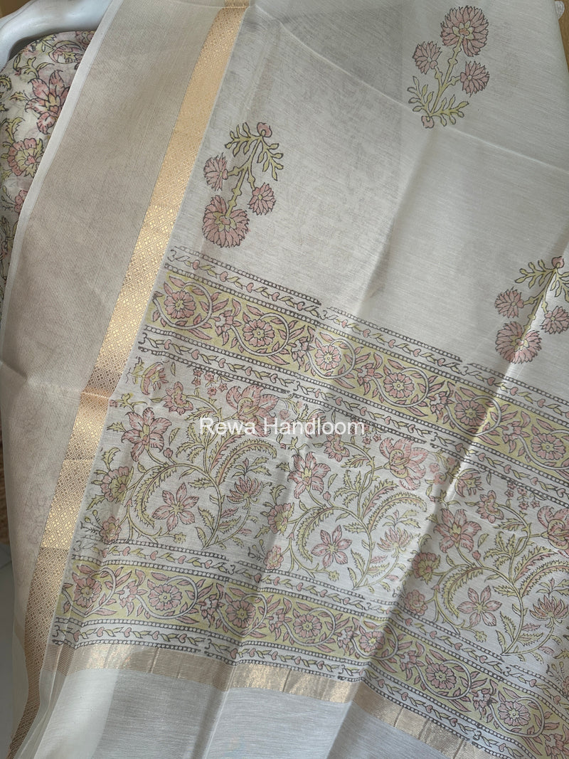 Maheshwari White Handblock Print Top-Dupatta HBS0232