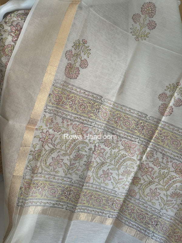 Maheshwari White Handblock Print Top-Dupatta HBS0232