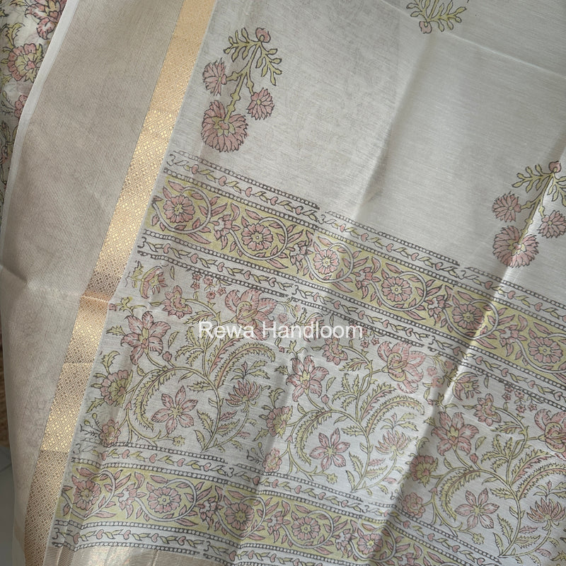 Maheshwari White Handblock Print Top-Dupatta HBS0232