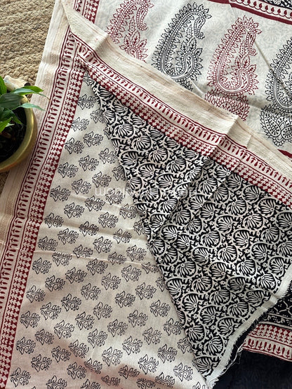 White Bagh Print Mercerised Cotton Saree MBP07