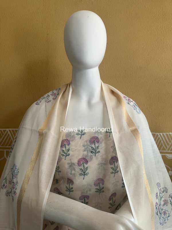 Maheshwari White Handblock Print Top-Dupatta HBS0229