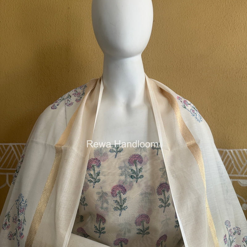 Maheshwari White Handblock Print Top-Dupatta HBS0229
