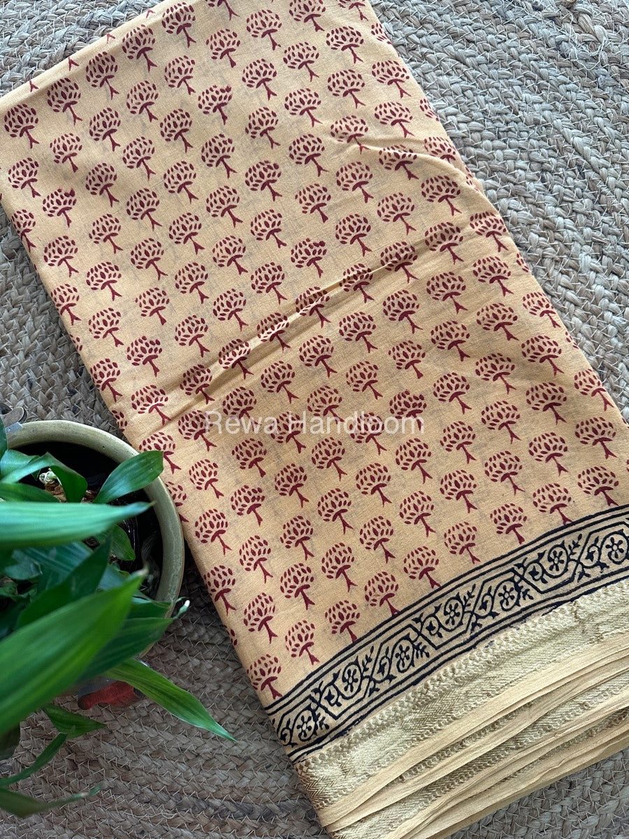 Light Yellow Bagh Print Mercerised Cotton Saree MBP02