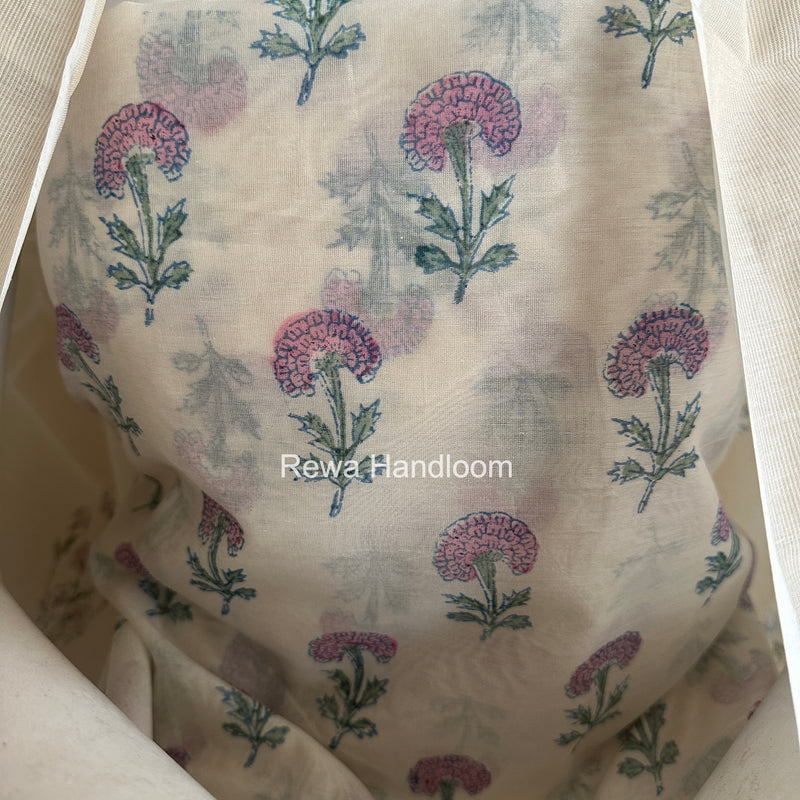 Maheshwari White Handblock Print Top-Dupatta HBS0229