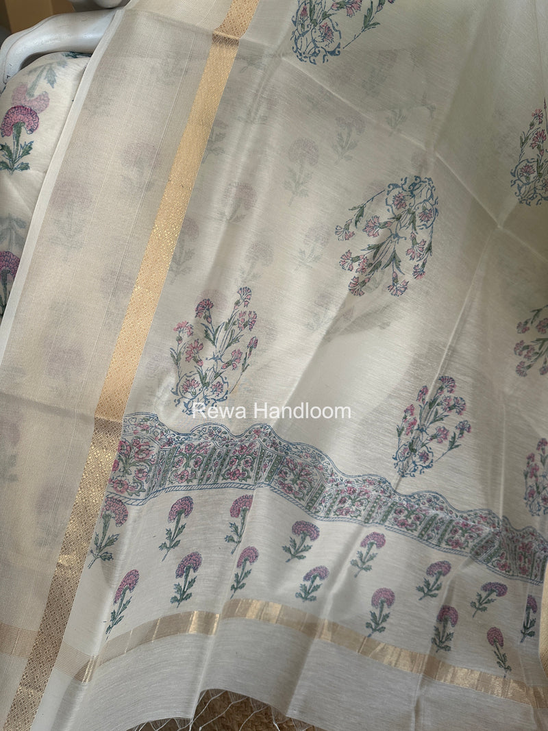 Maheshwari White Handblock Print Top-Dupatta HBS0229