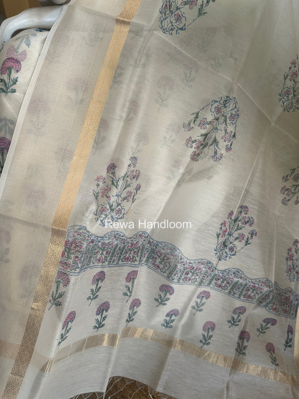 Maheshwari White Handblock Print Top-Dupatta HBS0229