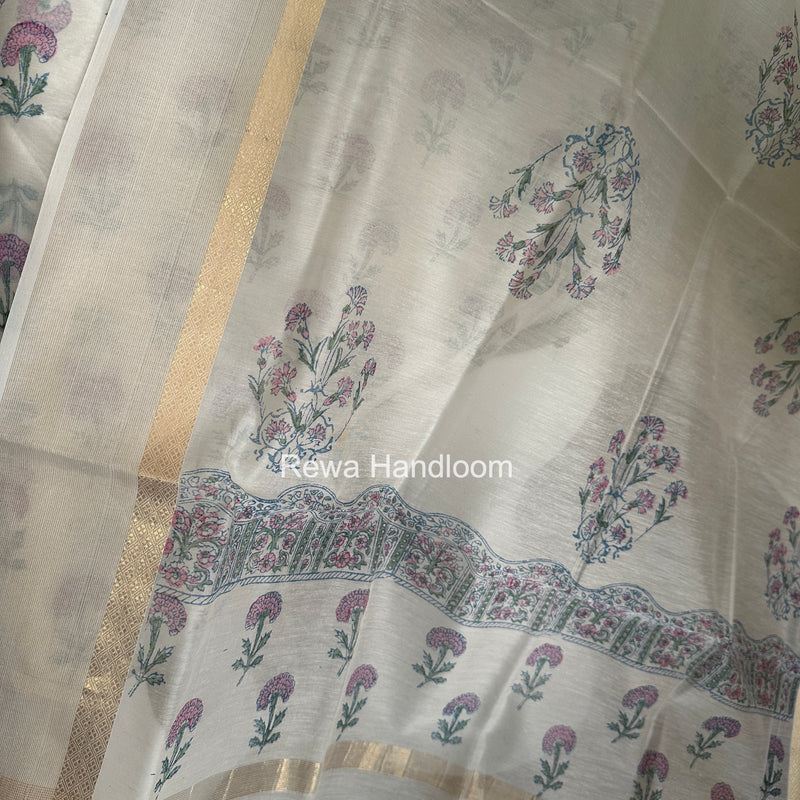 Maheshwari White Handblock Print Top-Dupatta HBS0229