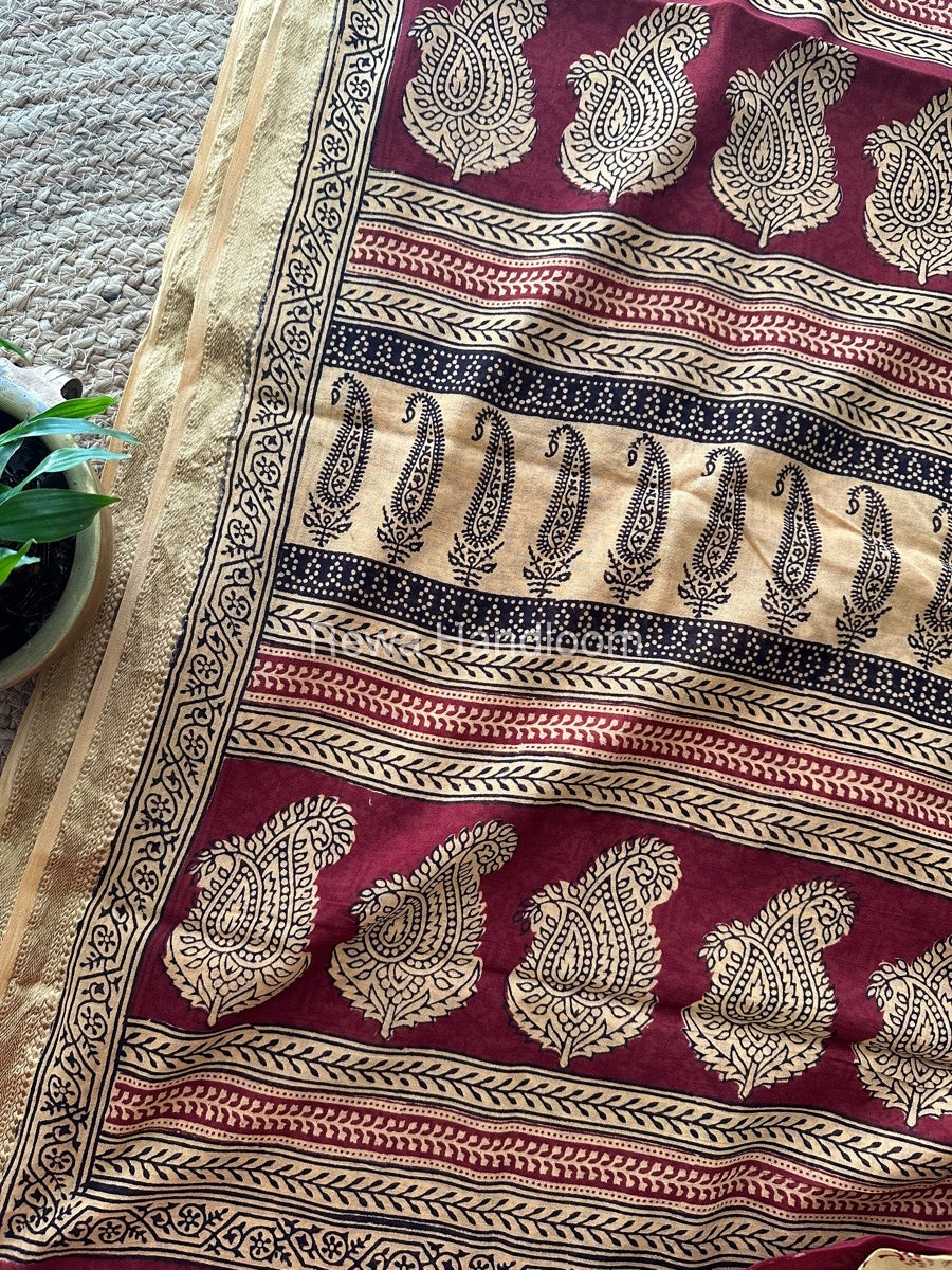 Light Yellow Bagh Print Mercerised Cotton Saree MBP02