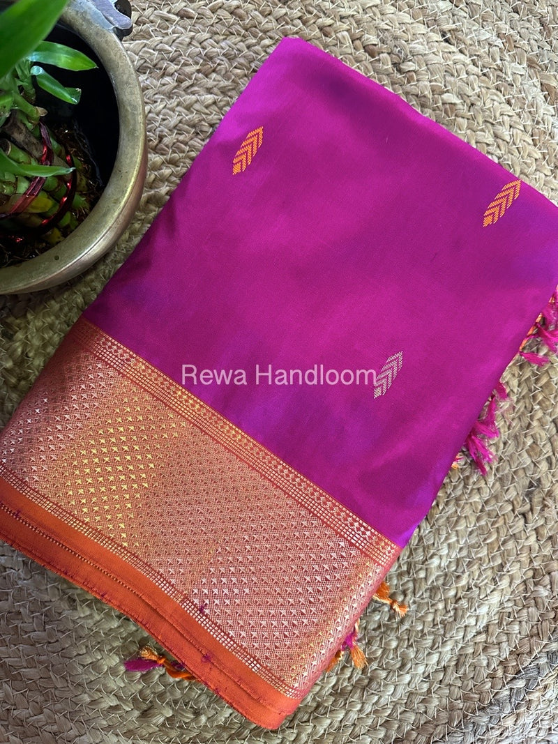 Maheshwari Magenta-Orange Pure Silk Saree PS041