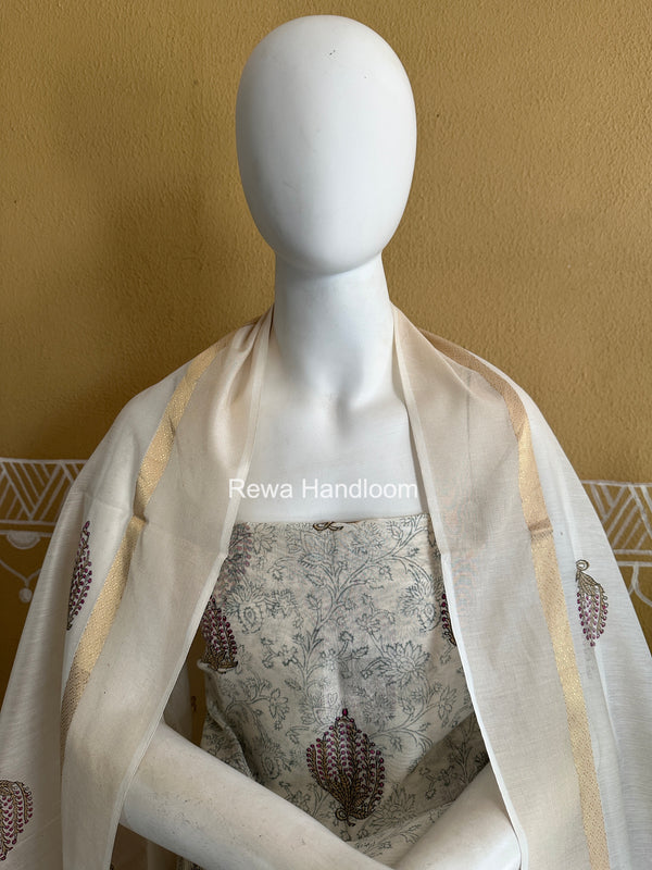Maheshwari White Handblock Print Top-Dupatta HBS0231