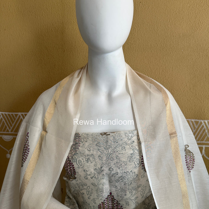 Maheshwari White Handblock Print Top-Dupatta HBS0231