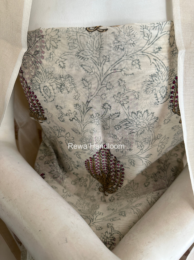 Maheshwari White Handblock Print Top-Dupatta HBS0231