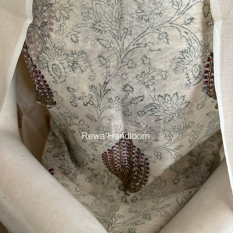 Maheshwari White Handblock Print Top-Dupatta HBS0231