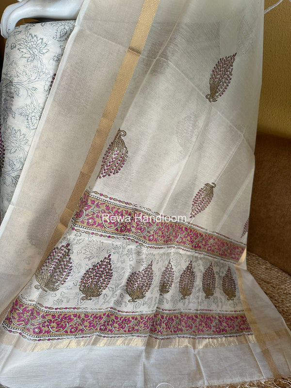 Maheshwari White Handblock Print Top-Dupatta HBS0231