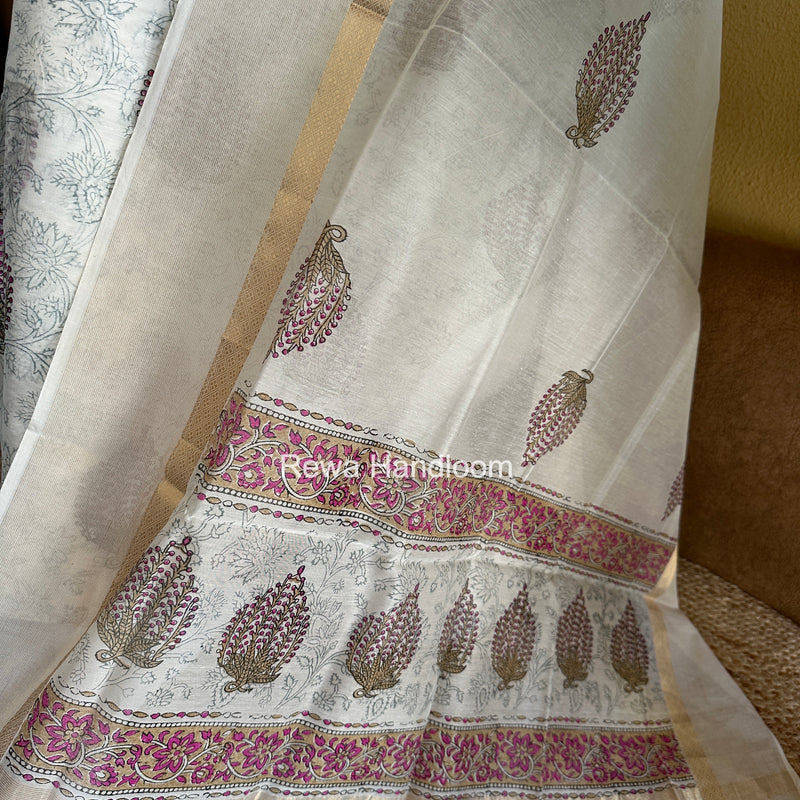 Maheshwari White Handblock Print Top-Dupatta HBS0231