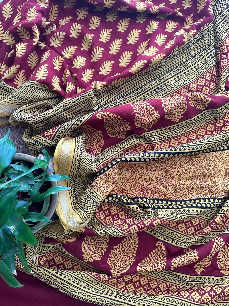 Maroon Bagh Print Mercerised Cotton Saree MBP04