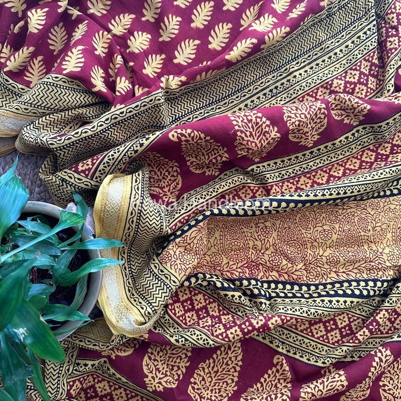 Maroon Bagh Print Mercerised Cotton Saree MBP04