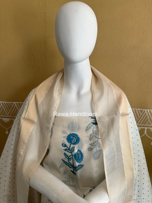 Maheshwari White Handblock Print Top-Dupatta HBS0233