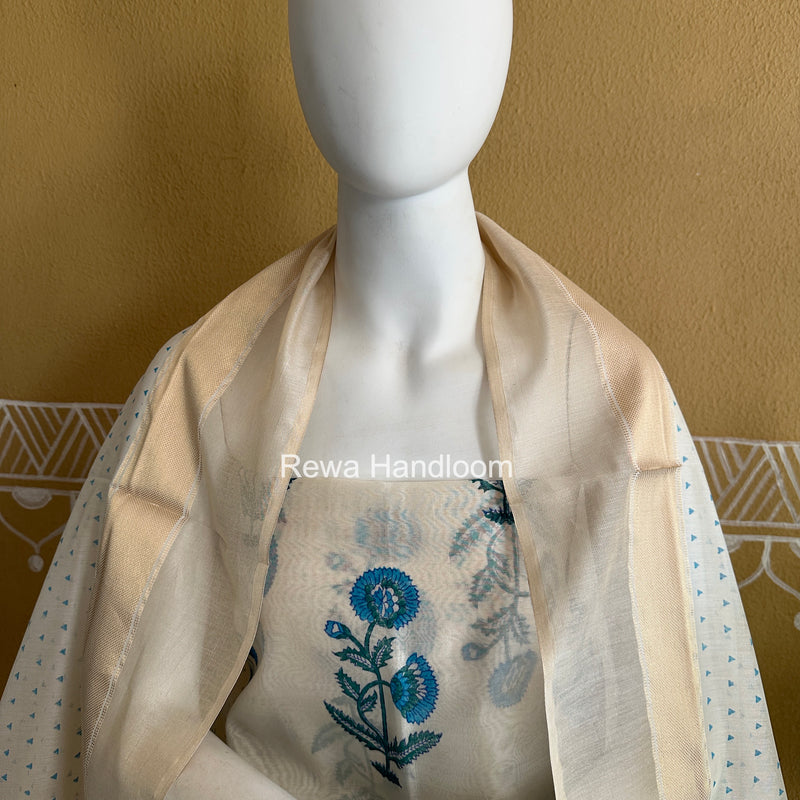 Maheshwari White Handblock Print Top-Dupatta HBS0233