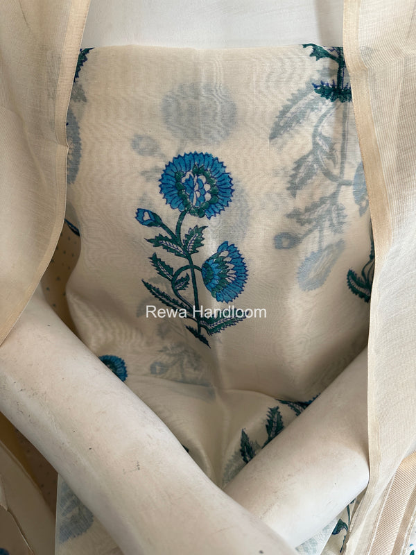 Maheshwari White Handblock Print Top-Dupatta HBS0233