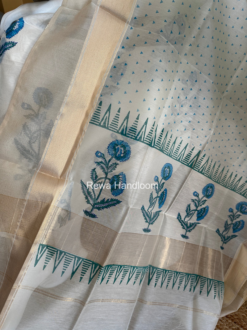 Maheshwari White Handblock Print Top-Dupatta HBS0233