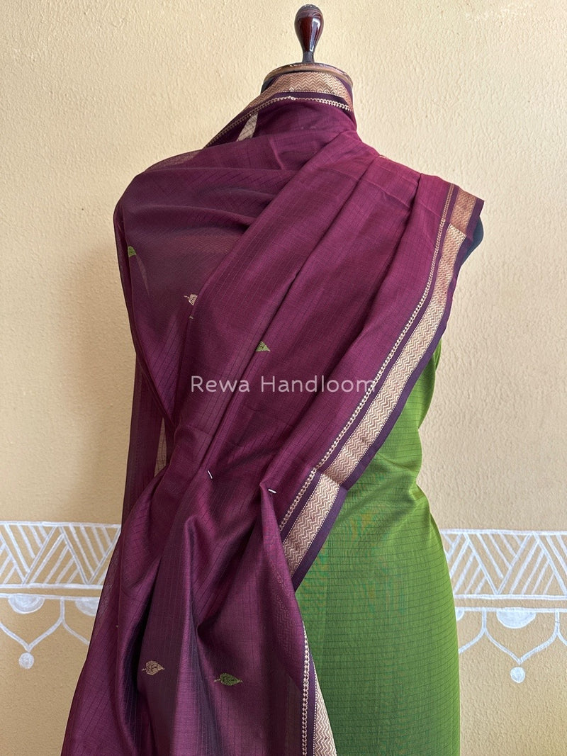 Maheshwari Mehendi Green-Wine Motifs Top-Dupatta Set PST0134