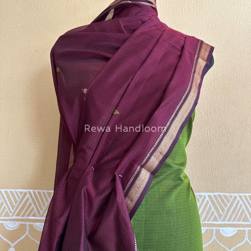 Maheshwari Mehendi Green-Wine Motifs Top-Dupatta Set PST0134