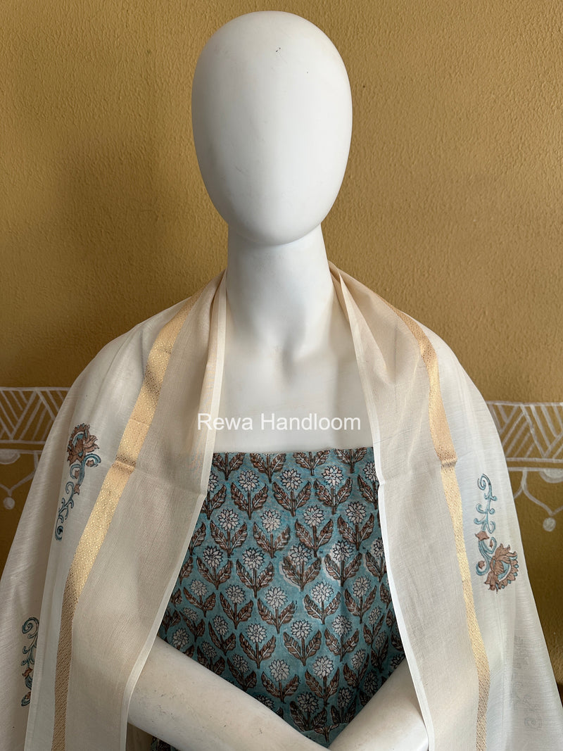 Maheshwari Light Blue Handblock Print Top-Dupatta HBS0234