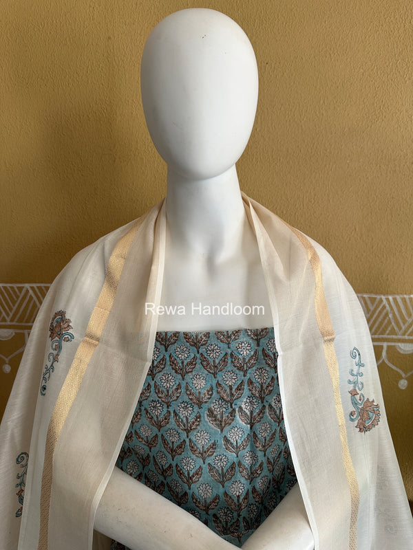Maheshwari Light Blue Handblock Print Top-Dupatta HBS0234