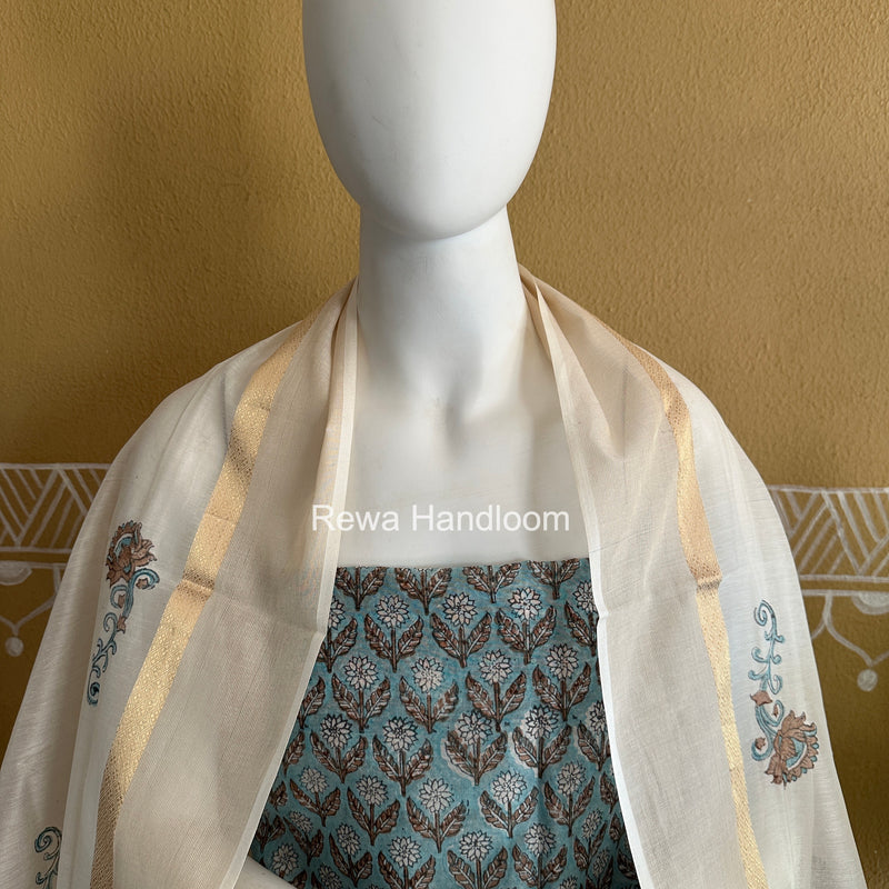 Maheshwari Light Blue Handblock Print Top-Dupatta HBS0234
