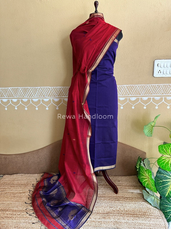 Maheshwari Dark Blue-Red Motifs Top-Dupatta Set PST0141