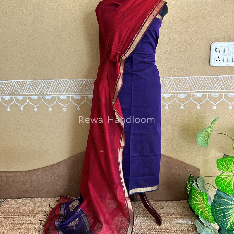 Maheshwari Dark Blue-Red Motifs Top-Dupatta Set PST0141