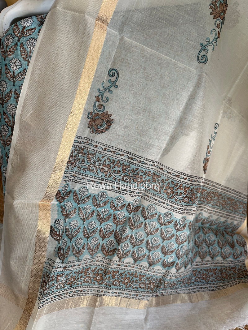 Maheshwari Light Blue Handblock Print Top-Dupatta HBS0234