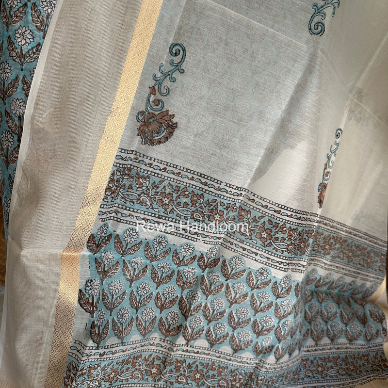 Maheshwari Light Blue Handblock Print Top-Dupatta HBS0234